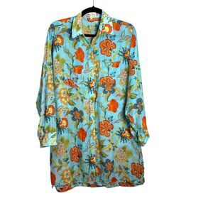 Bella Tu Floral Blue Boho Bohemian Resort Wear Tunic Button Blouse Size XXL